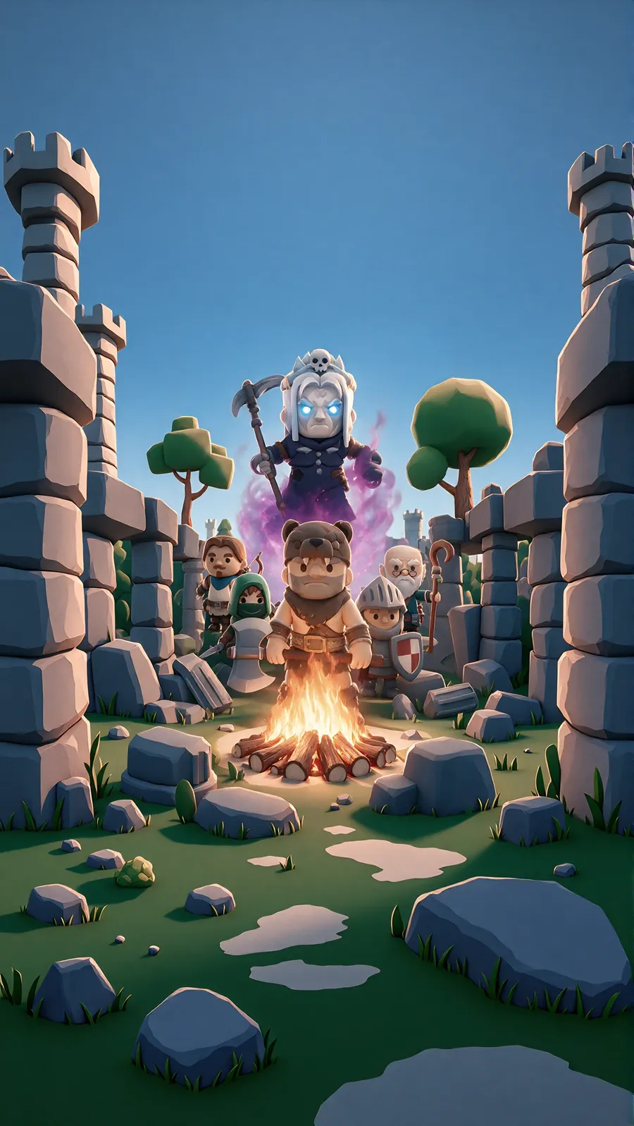 The heroes around the campfire, Malgrim looming behind